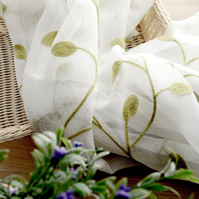 Zeva Broderie Feuilles de Vigne Voilage Rideau À Tête Souple, Vert/Blanc