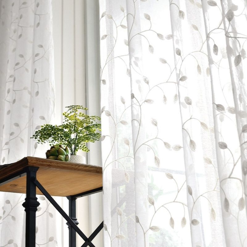 Zeva Broderie Feuilles de Vigne Voilage Rideau À Tête Souple, Vert/Blanc