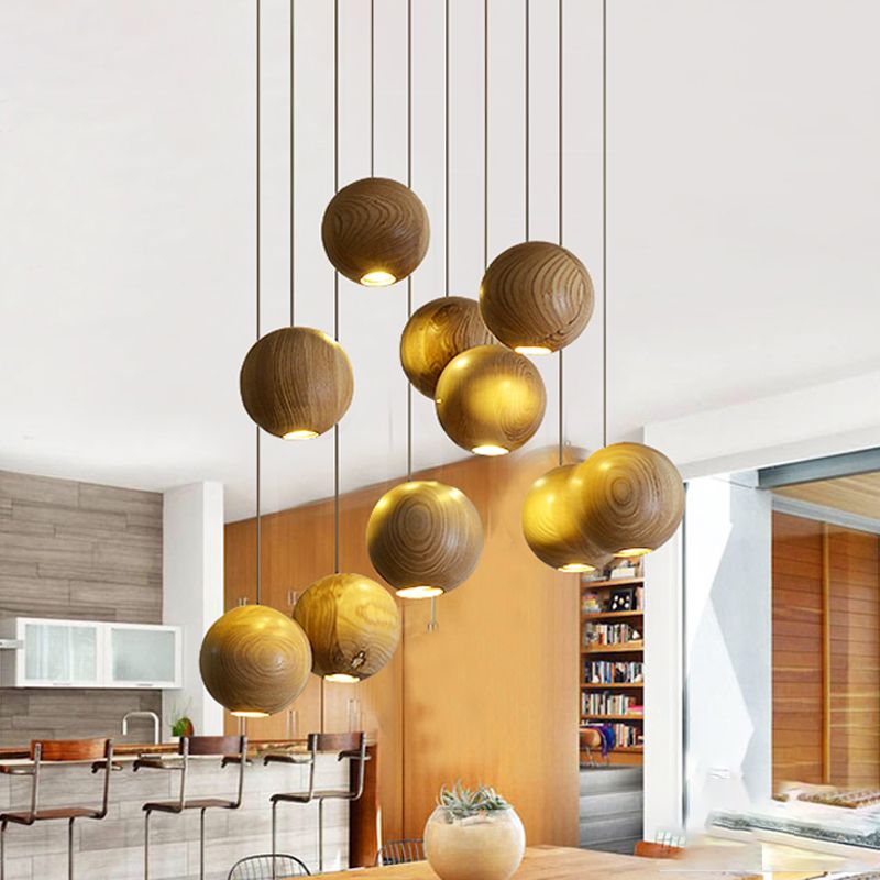 Ozawa Ball Cluster LED Suspension Bois Salon Chambre à coucher