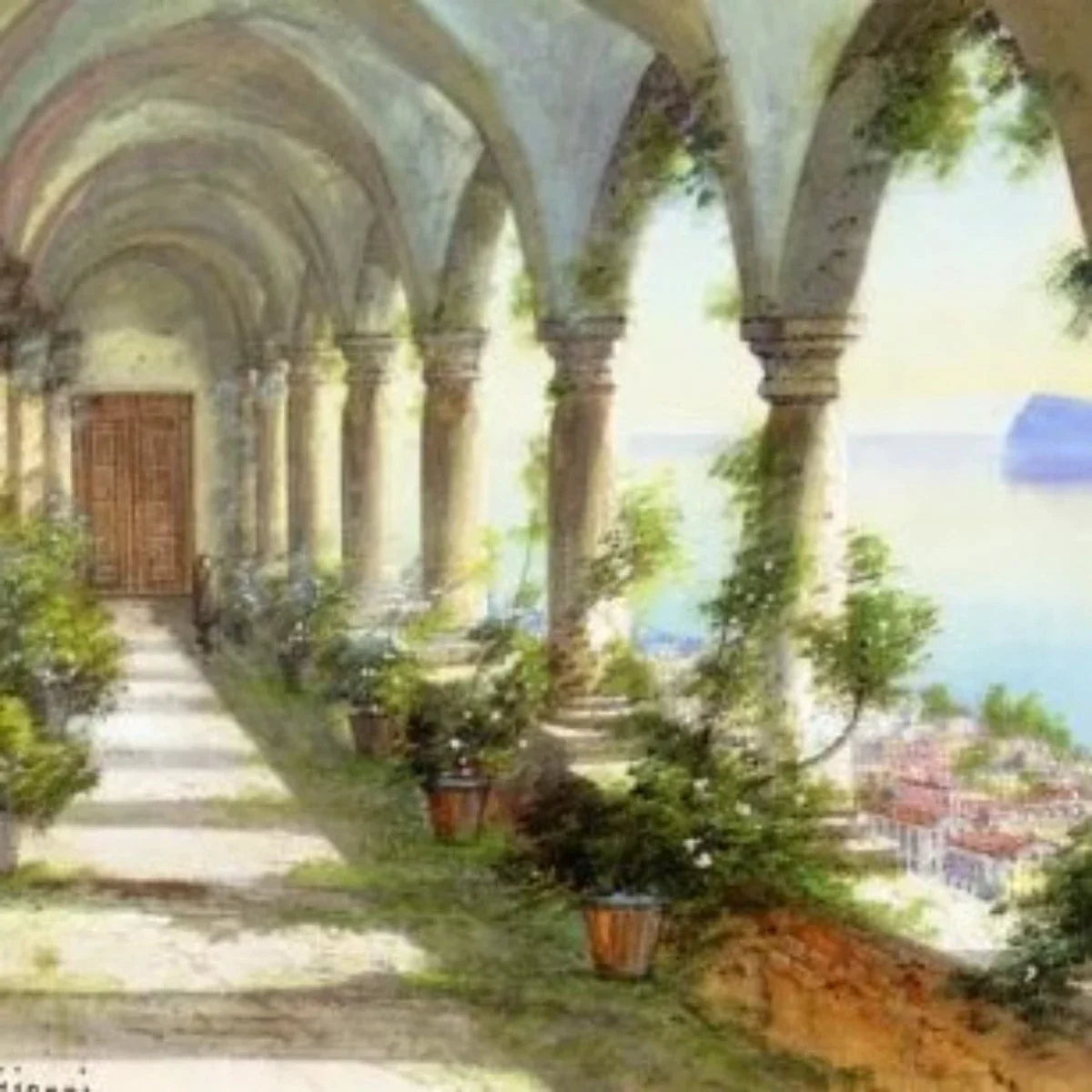 Un Colonnade surplombant l'Île de Capri - Impressions d'Art Mural Vintage Encadrées Pour le Salon