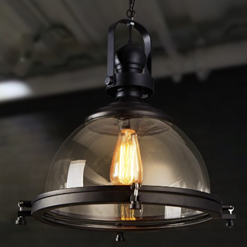 Alessio Luminaires Suspensions Dôme Industrielle LED Vintage Verre/Métal Noir Salon/Chambre à Coucher