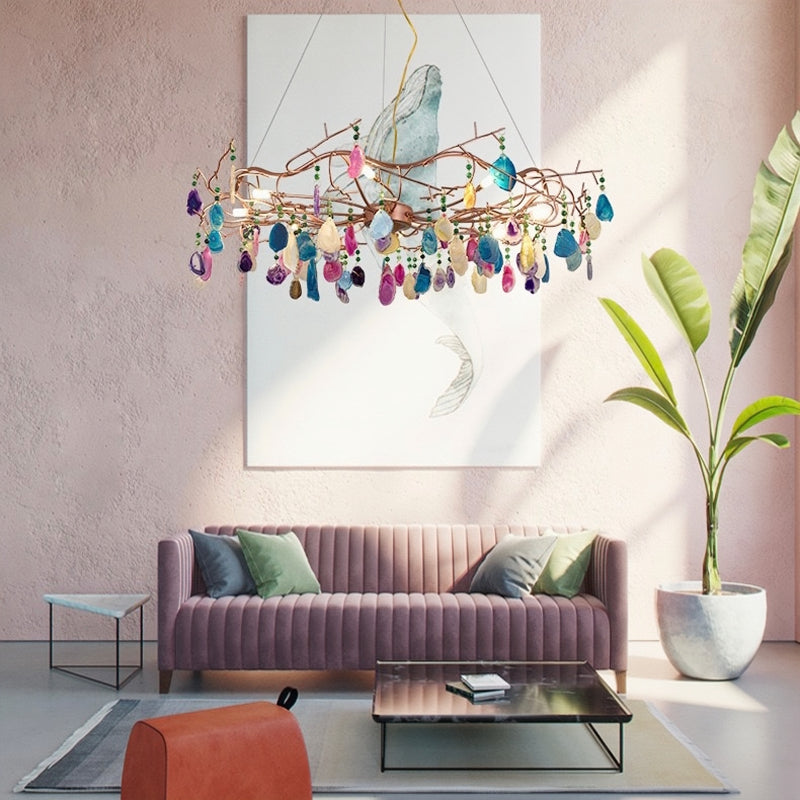 Morandi Art LED Suspension Doré Rosé Métal Pierre d'Agate Salon