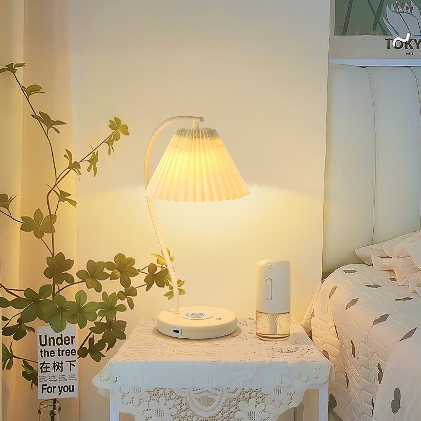 Ozawa Lampe de Table Plissé Nordique, Métal/Fibre, Blanc/Beige, Salon